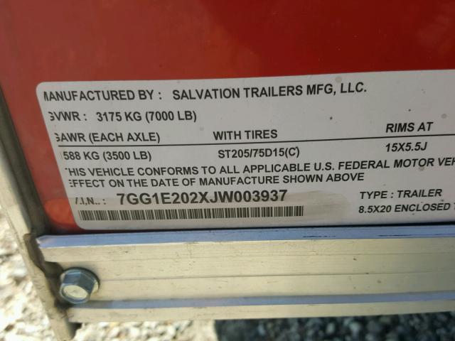 7GG1E202XJW003937 - 2018 CABIN TRAILER TRAILER RED photo 10