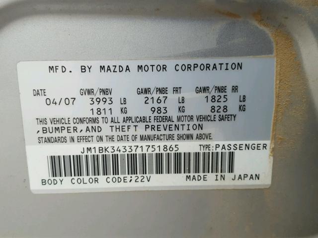 JM1BK343371751865 - 2007 MAZDA 3 HATCHBAC SILVER photo 10