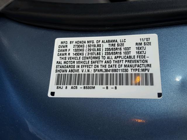 5FNRL38418B011030 - 2008 HONDA ODYSSEY EX BLUE photo 10