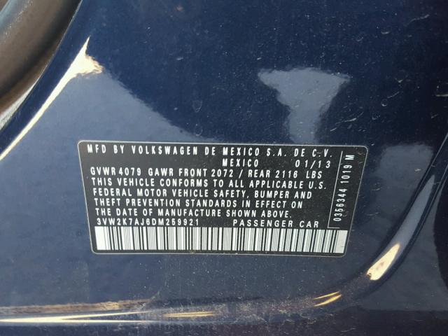 3VW2K7AJ6DM259921 - 2013 VOLKSWAGEN JETTA BASE BLUE photo 10