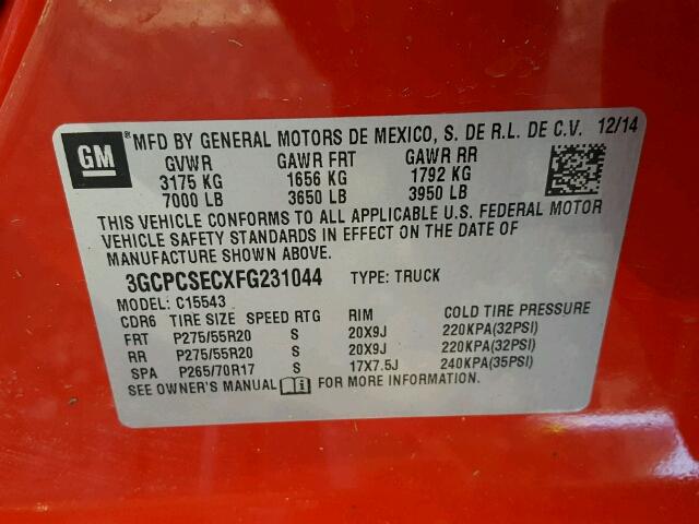 3GCPCSECXFG231044 - 2015 CHEVROLET SILVERADO RED photo 10