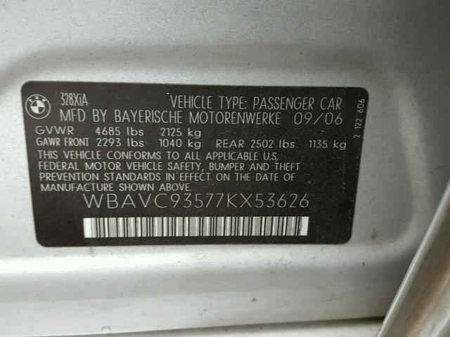 WBAVC93577KX53626 - 2007 BMW 328 XI SILVER photo 10