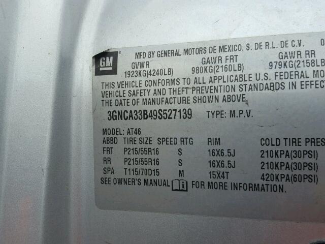 3GNCA33B49S527139 - 2009 CHEVROLET HHR LS ვერცხლისფერი ფოტო 10