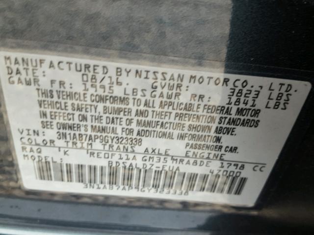 3N1AB7AP9GY323338 - 2016 NISSAN SENTRA S BLUE photo 10