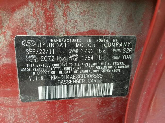 KMHDH4AE3CU306582 - 2012 HYUNDAI ELANTRA GL RED photo 10