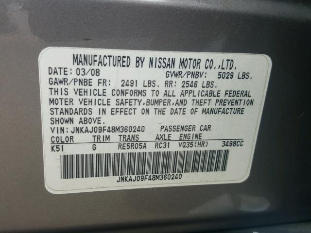 JNKAJ09F48M360240 - 2008 INFINITI EX35 BASE GRAY photo 10