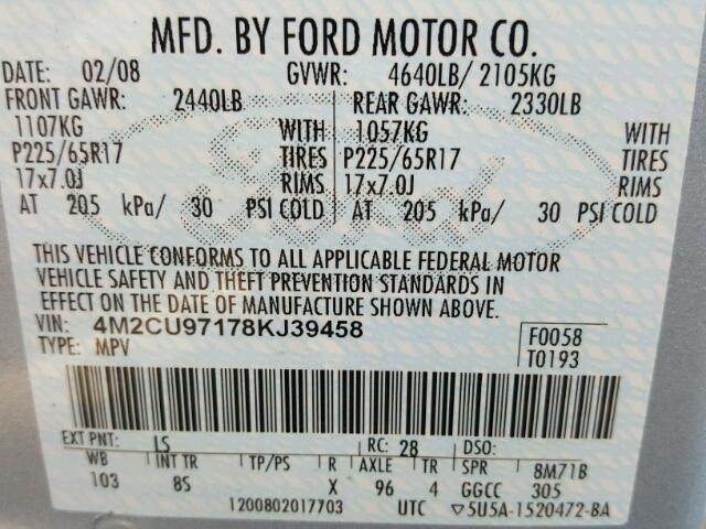 4M2CU97178KJ39458 - 2008 MERCURY MARINER PR BLUE photo 10