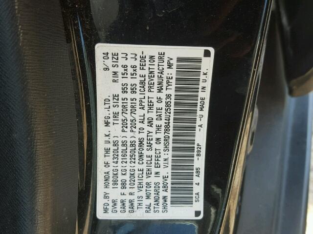 SHSRD78844U258536 - 2004 HONDA CR-V EX BLACK photo 10