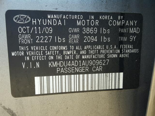 KMHDU4AD1AU909627 - 2010 HYUNDAI ELANTRA BL GRAY photo 10