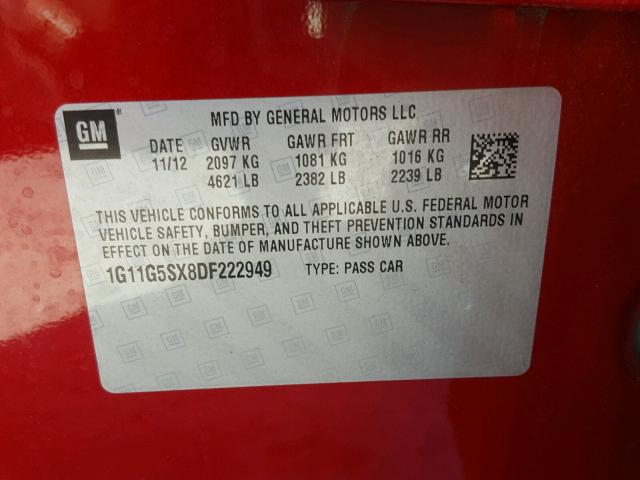 1G11G5SX8DF222949 - 2013 CHEVROLET MALIBU 3LT 勃艮第红 照片 10