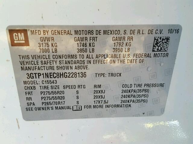 3GTP1NEC8HG228136 - 2017 GMC SIERRA C15 WHITE photo 10