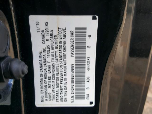 2HGFG1B98BH508899 - 2011 HONDA CIVIC EXL 黑色 照片 10