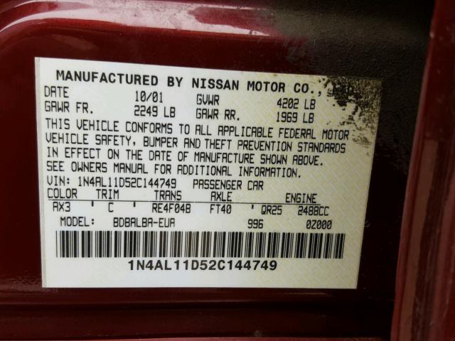 1N4AL11D52C144749 - 2002 NISSAN ALTIMA BAS MAROON photo 10