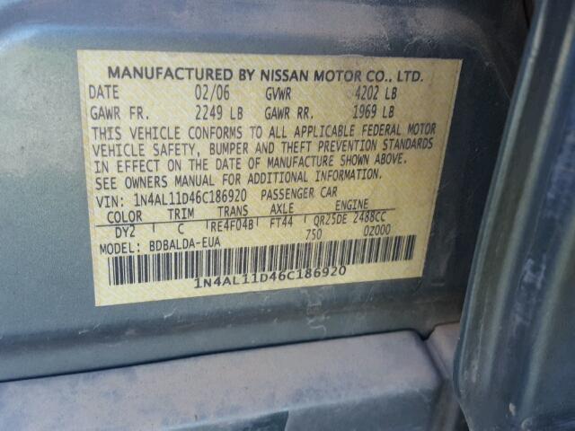 1N4AL11D46C186920 - 2006 NISSAN ALTIMA S GREEN photo 10