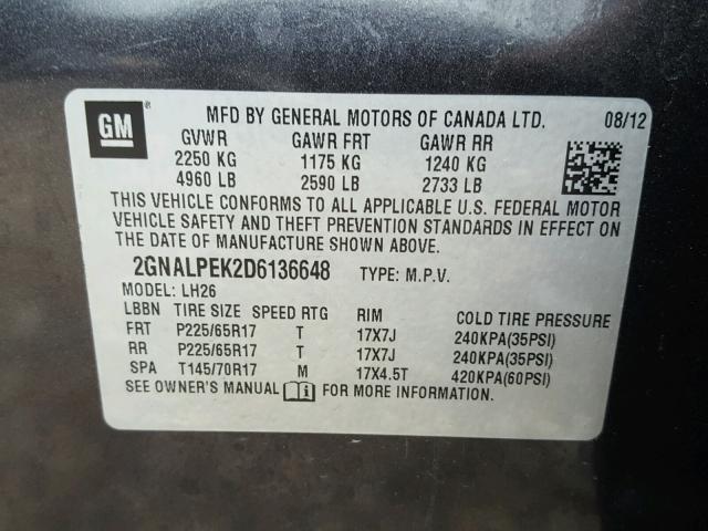 2GNALPEK2D6136648 - 2013 CHEVROLET EQUINOX LT GRAY photo 10