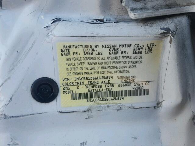 3N1CB51D56L626874 - 2006 NISSAN SENTRA 1.8 WHITE photo 10