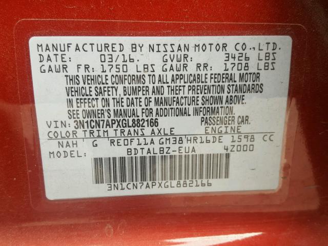 3N1CN7APXGL882166 - 2016 NISSAN VERSA S RED photo 10