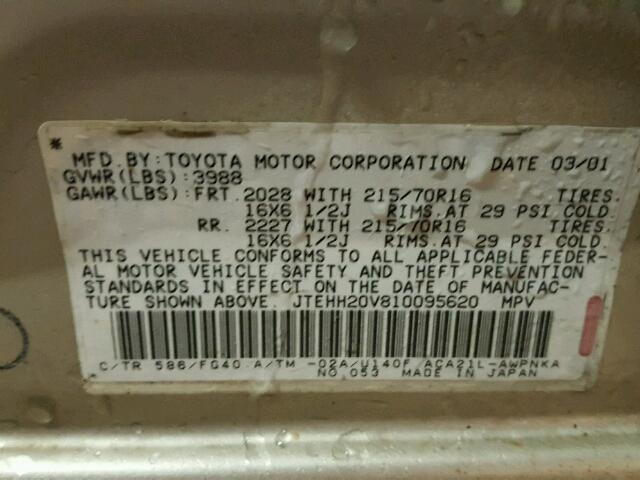 JTEHH20V810095620 - 2001 TOYOTA RAV4 TAN photo 10