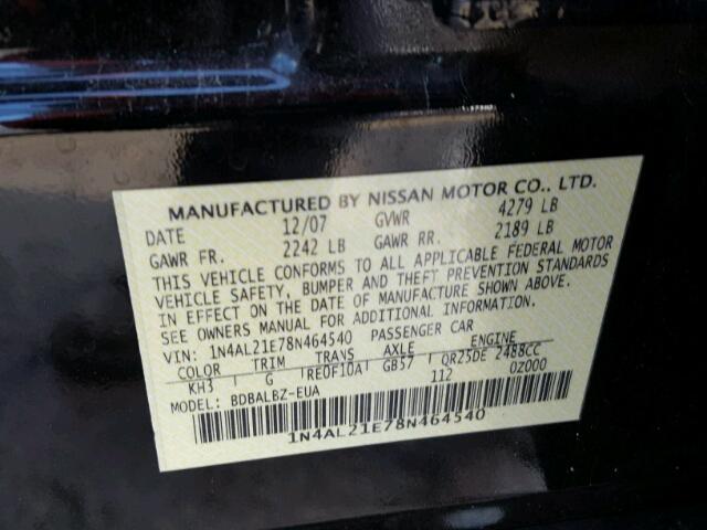 1N4AL21E78N464540 - 2008 NISSAN ALTIMA 2.5 BLACK photo 10