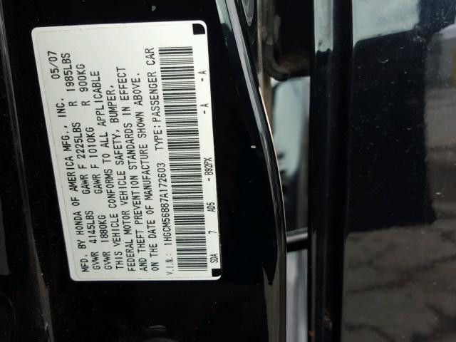 1HGCM56887A172603 - 2007 HONDA ACCORD BLACK photo 10