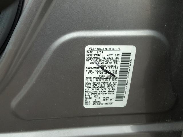 JN8AS58V79W447516 - 2009 NISSAN ROGUE S GRAY photo 10