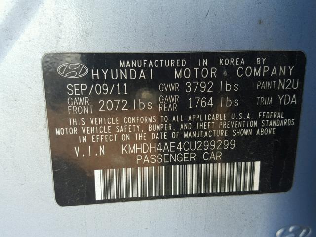 KMHDH4AE4CU299299 - 2012 HYUNDAI ELANTRA BLUE photo 10