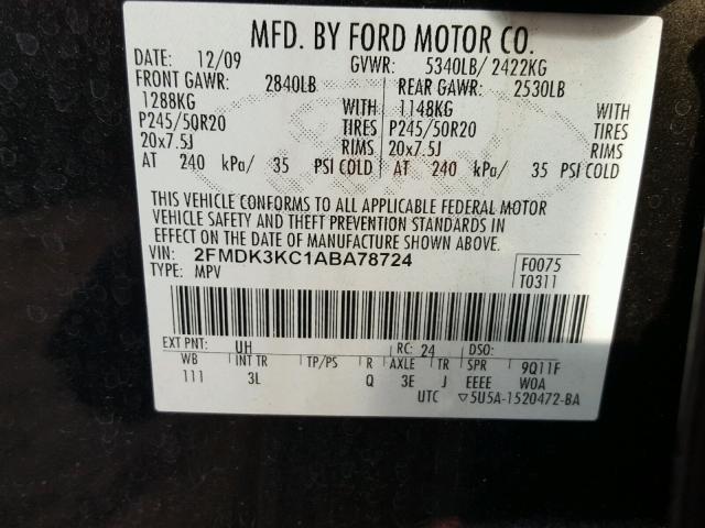 2FMDK3KC1ABA78724 - 2010 FORD EDGE LIMIT BLACK photo 10