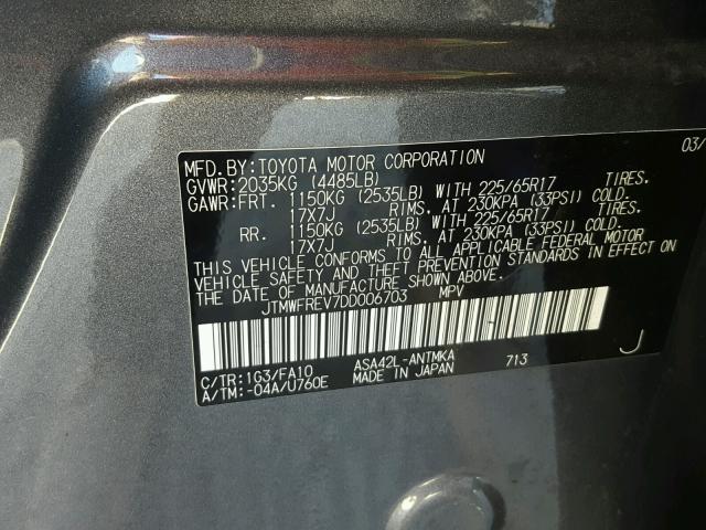 JTMWFREV7DD006703 - 2013 TOYOTA RAV4 XLE GRAY photo 10