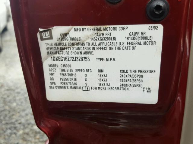 1GKEC16Z72J328753 - 2002 GMC YUKON XL C RED photo 10