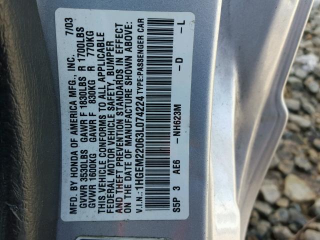 1HGEM22063L074224 - 2003 HONDA CIVIC EX ვერცხლისფერი ფოტო 10