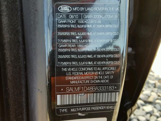 SALMF1D48BA333183 - 2011 LAND ROVER RANGE ROVE BLACK photo 10