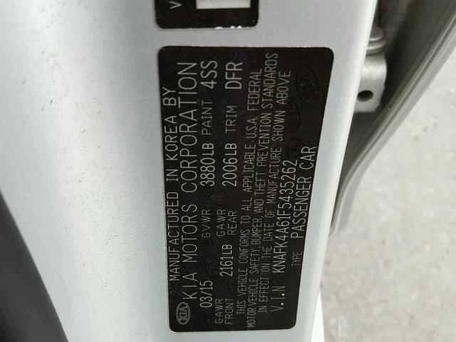 KNAFK4A61F5435262 - 2015 KIA FORTE LX SILVER photo 10