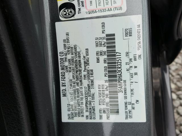 3FAHP0HA3CR325117 - 2012 FORD FUSION SE CHARCOAL photo 10