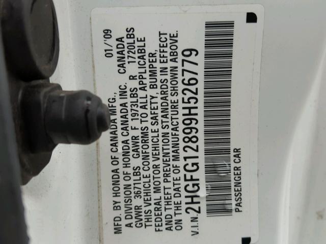 2HGFG12899H526779 - 2009 HONDA CIVIC EX თეთრი ფოტო 10