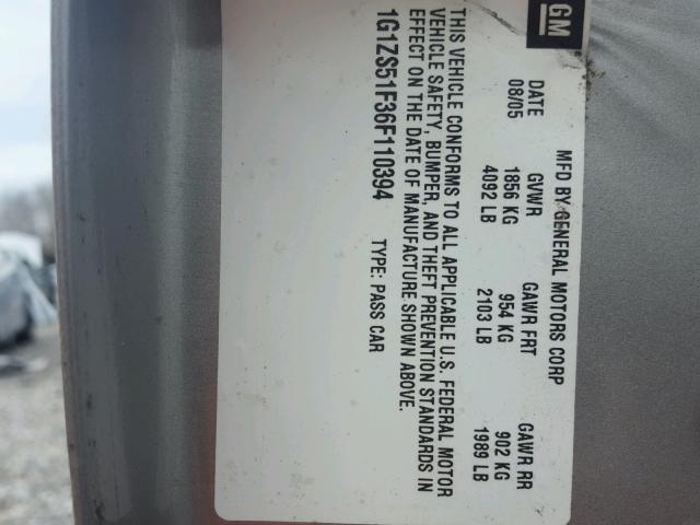 1G1ZS51F36F110394 - 2006 CHEVROLET MALIBU GRAY photo 10