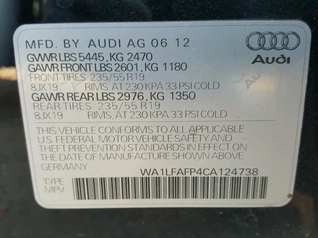 WA1LFAFP4CA124738 - 2012 AUDI Q5 PREMIUM BLACK photo 10