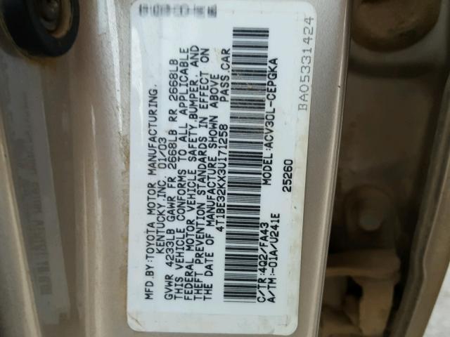 4T1BE32KX3U171258 - 2003 TOYOTA CAMRY GOLD photo 10