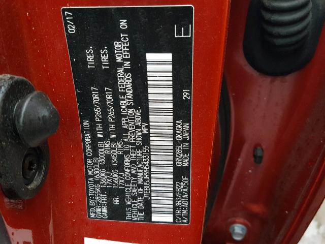 JTEBU5JR9H5433155 - 2017 TOYOTA 4RUNNER SR RED photo 10