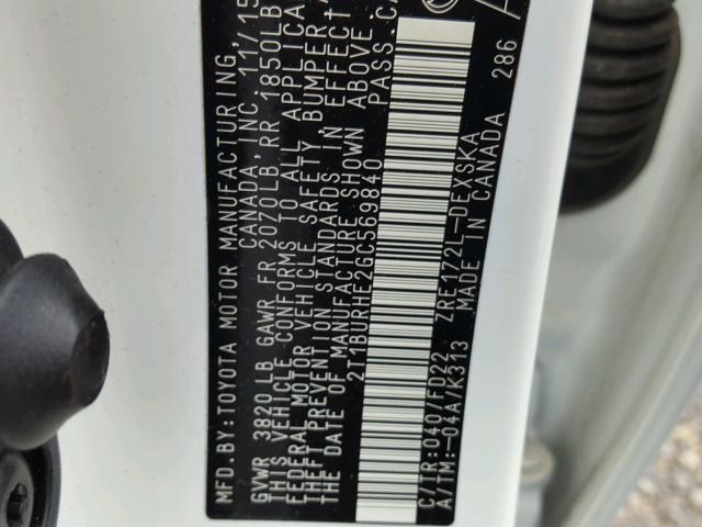 2T1BURHE2GC569840 - 2016 TOYOTA COROLLA L WHITE photo 10