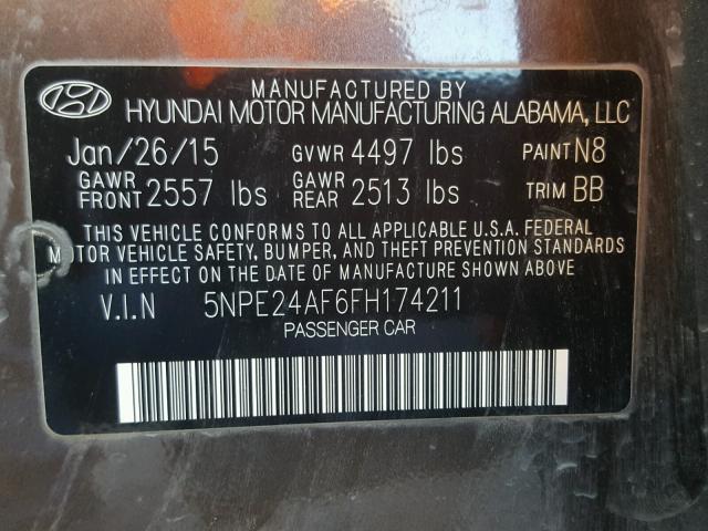 5NPE24AF6FH174211 - 2015 HYUNDAI SONATA SE BROWN photo 10