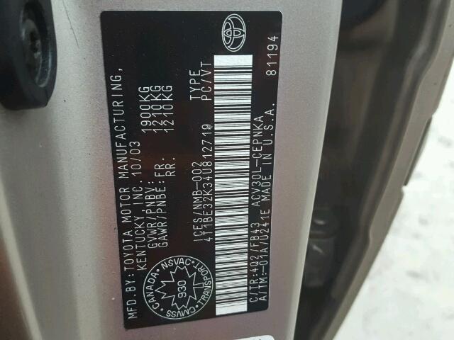 4T1BE32K34U812719 - 2004 TOYOTA CAMRY LE 米色 照片 10