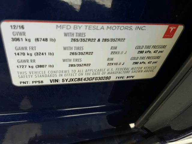 5YJXCBE43GF030280 - 2016 TESLA MODEL X BLUE photo 10