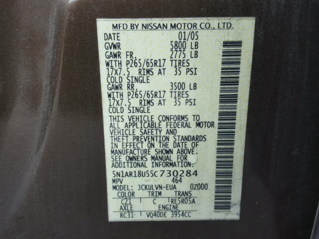 5N1AR18U35C765647 - 2005 NISSAN PATHFINDER BROWN photo 10