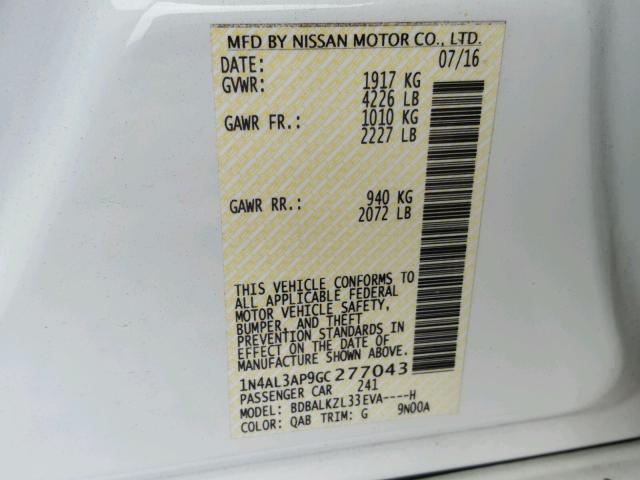 1N4AL3AP9GC277043 - 2016 NISSAN ALTIMA 2.5 WHITE photo 10