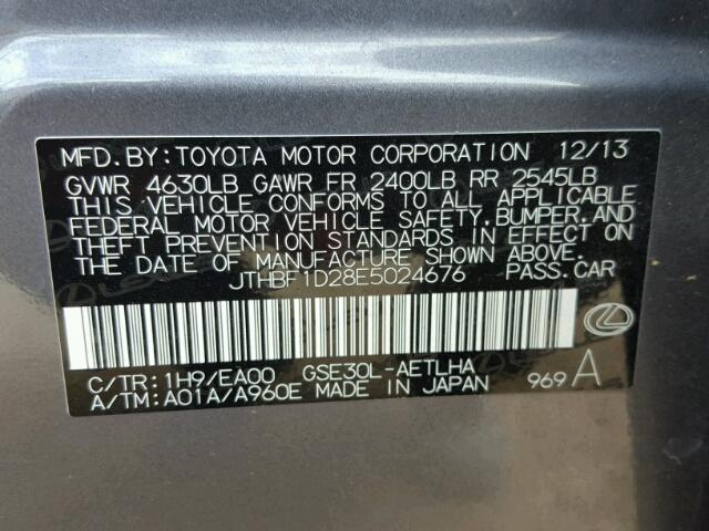 JTHBF1D28E5024676 - 2014 LEXUS IS 250 GRAY photo 10