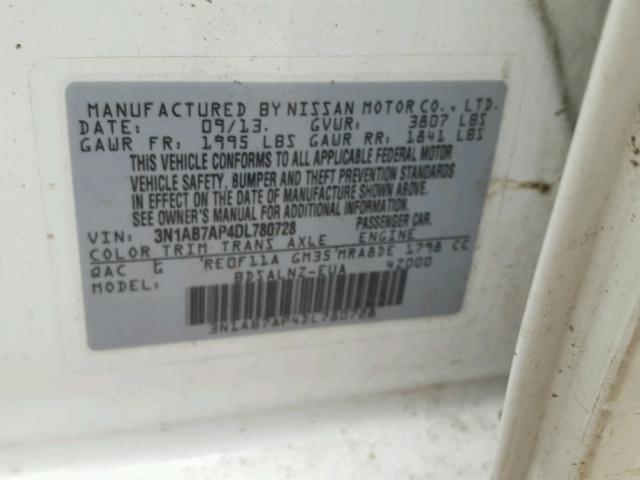 3N1AB7AP4DL780728 - 2013 NISSAN SENTRA WHITE photo 10