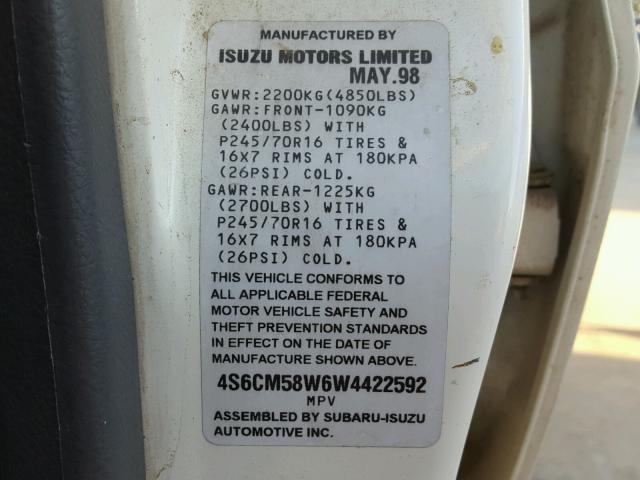 4S6CM58W6W4422592 - 1998 HONDA PASSPORT E 白色 照片 10