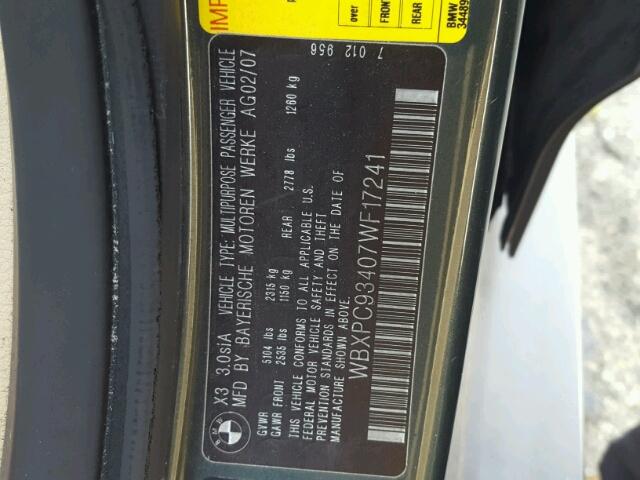 WBXPC93407WF17241 - 2007 BMW X3 3.0SI GREEN photo 10