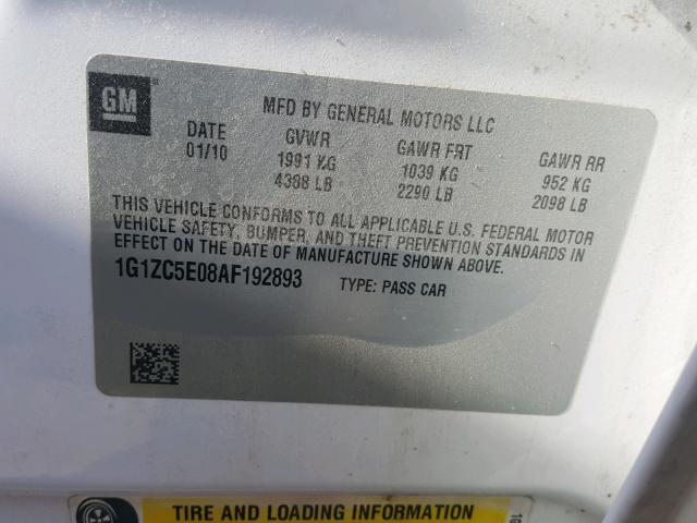 1G1ZC5E08AF192893 - 2010 CHEVROLET MALIBU 1LT თეთრი ფოტო 10