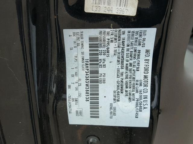 1FAHP34383W288538 - 2003 FORD FOCUS SE C BLACK photo 10